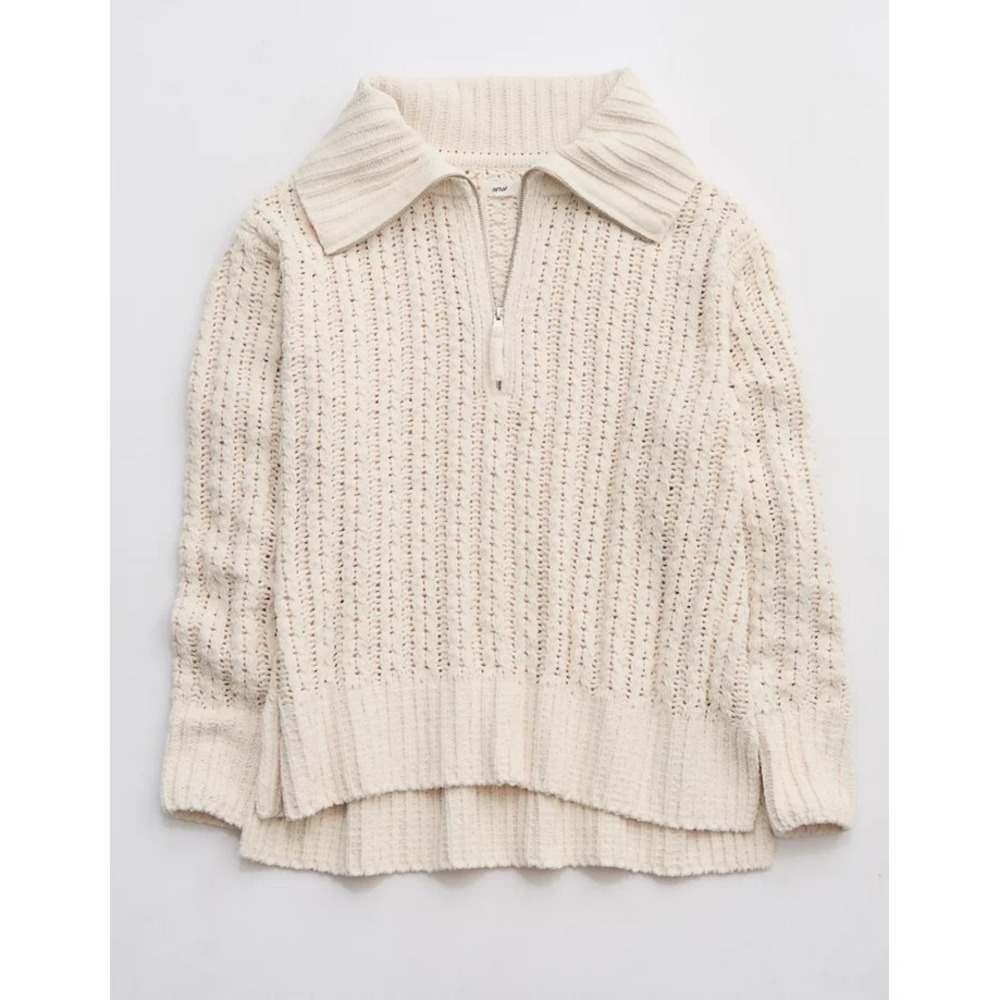 Aerie Cable Car Quarter Zip Sweater Oversized Soft Preppy Size S Color Ivory